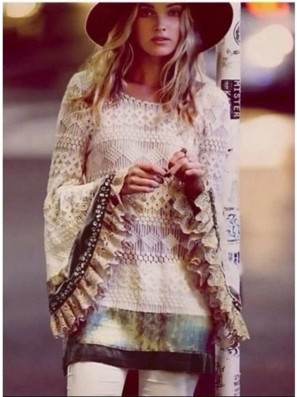 RARE Free People Embellished Bell Sleeve Lace Tunic Mini Dress S/M | Boho Indie